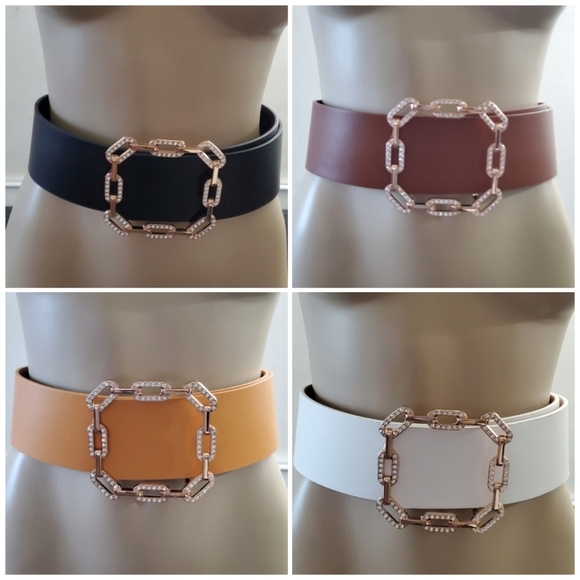 White Faux Leather Rhinestones Wide Buckle Belt - Picture 5 of 5